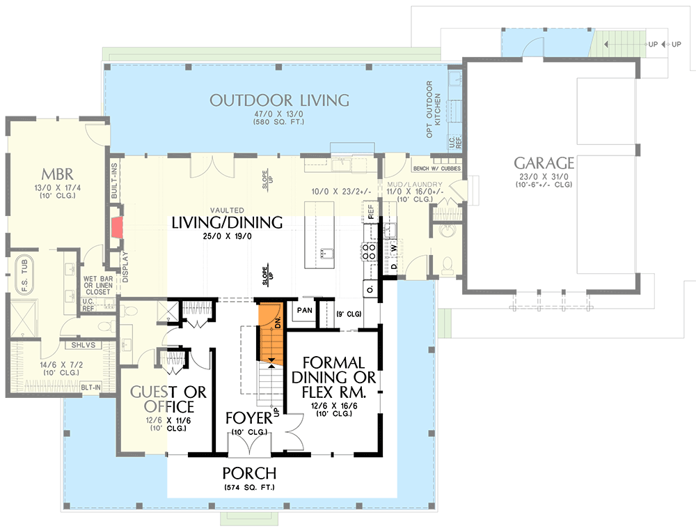 Plan 69822AM: 2-Story Modern Farmhouse 3-Bedroom with Optional ADU Under 3000 Square Feet - Floor Plan - Main Floor - Basement Stairs - Country, Farmhouse, Modern Farmhouse, New American