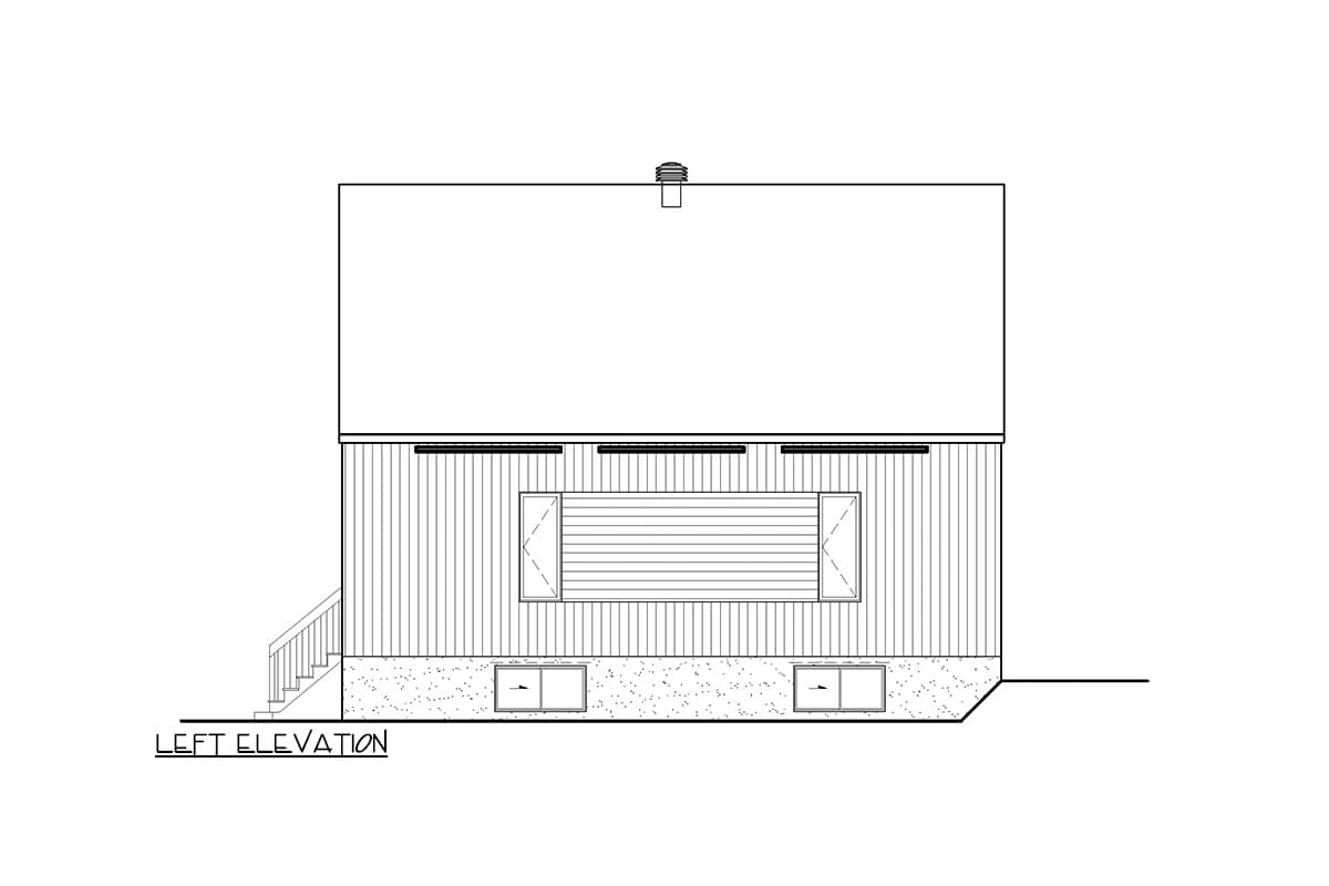 Left elevation drawing of a house plan, showing clapboard siding, a pitched roof, and two windows.