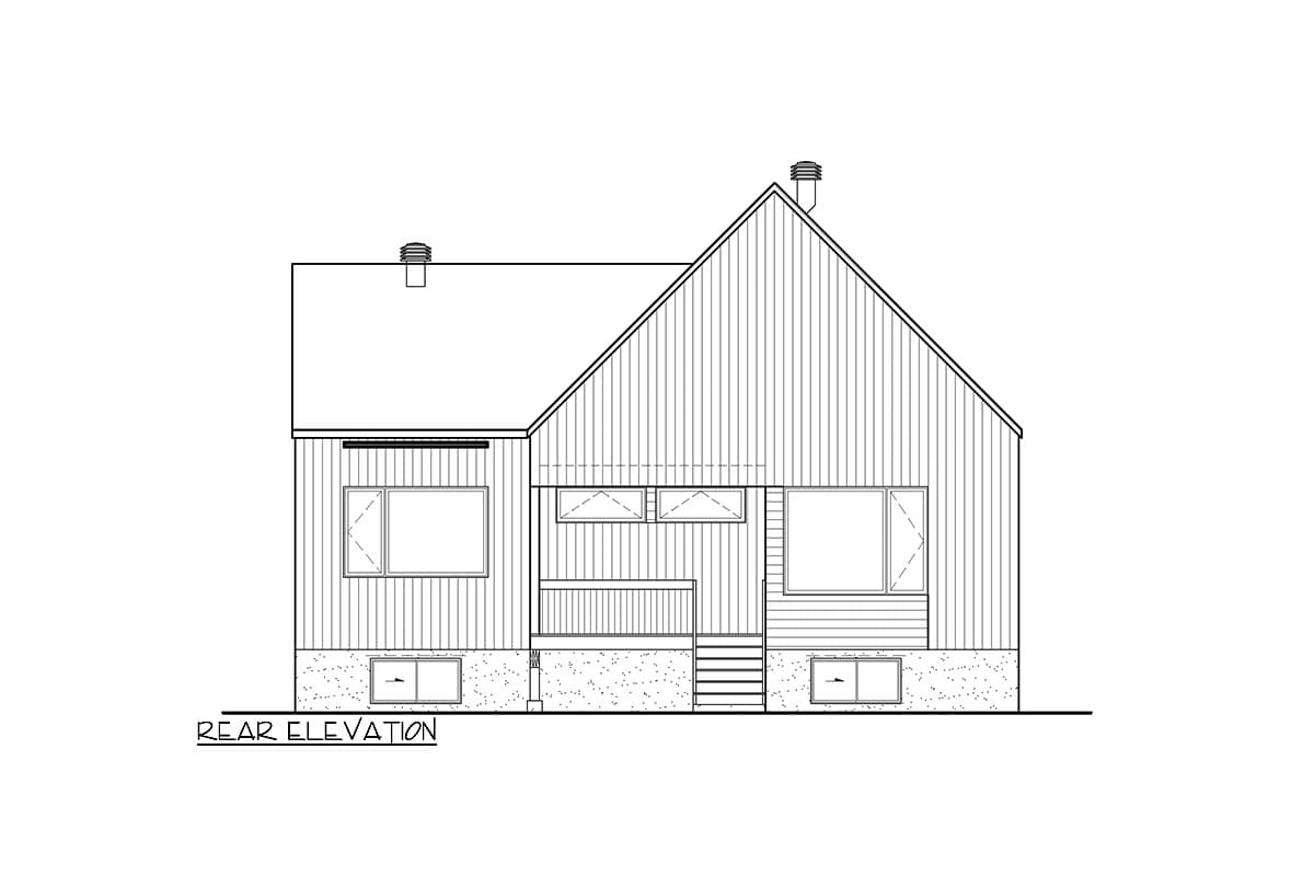 Rear elevation house plan showing a two-story home with a prominent gable, various window sizes, and a covered porch with stairs.