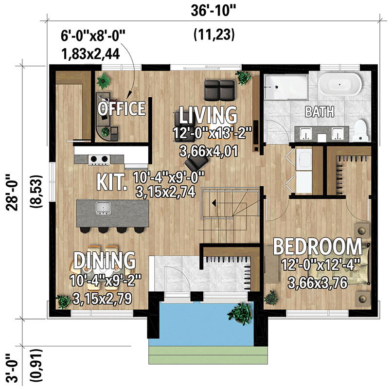 Plan 801144PM: One-Bed Contemporary Stone-Accented Cottage Under 1000 Square Feet - Floor Plan - Main Level - Contemporary, Cottage, Northwest, Prairie