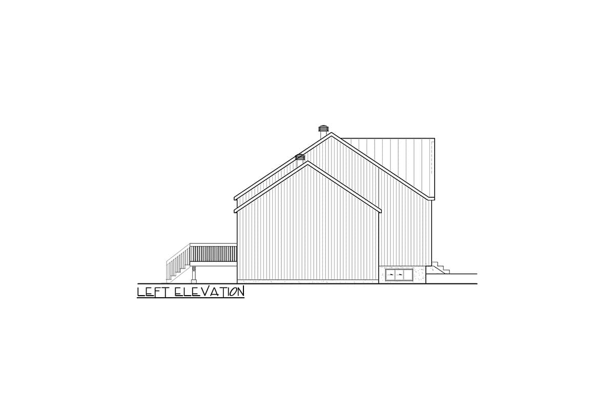 Left elevation drawing of a house plan with a deck, gable roof, and basement windows.