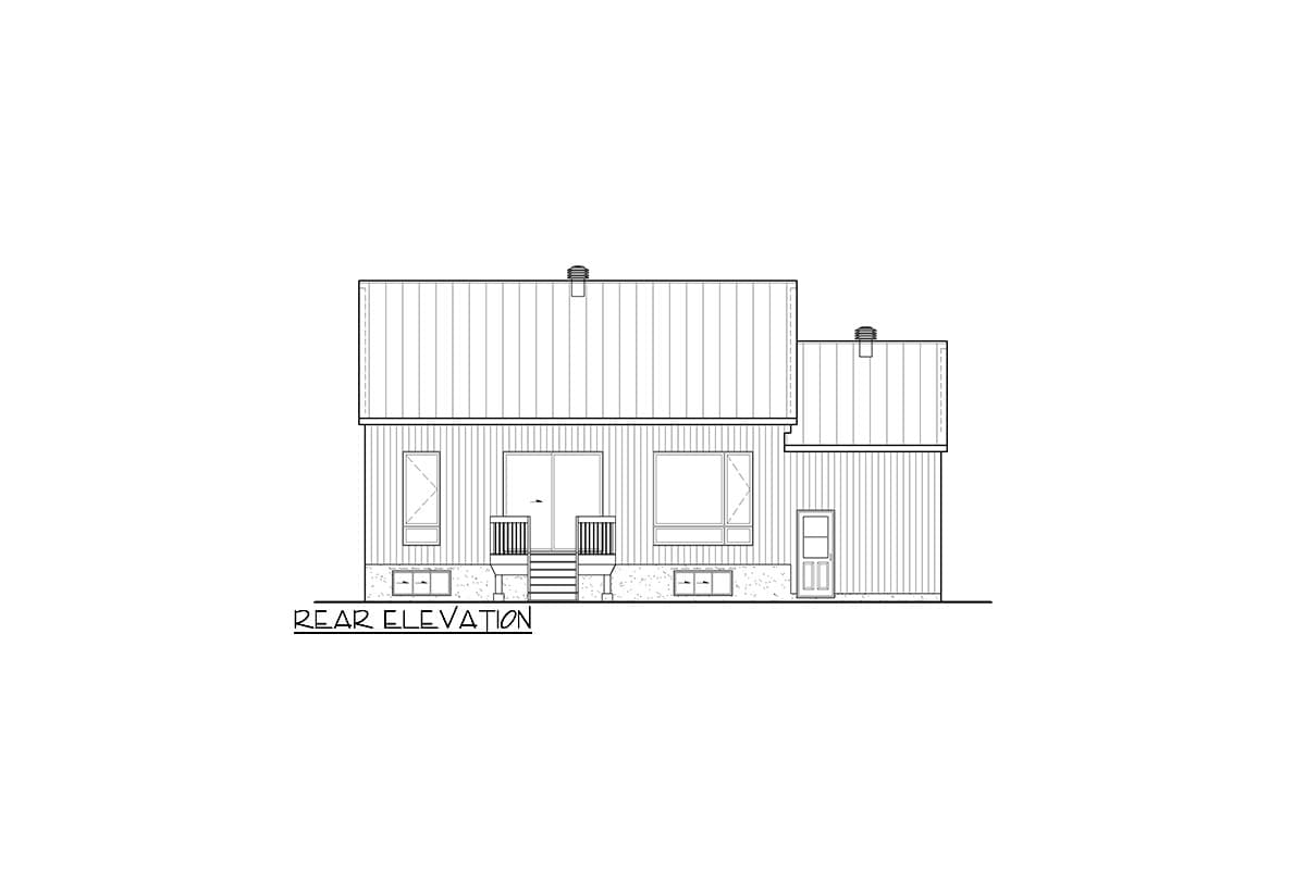 Rear elevation drawing of a house plan showing a metal roof, siding, deck, and windows.