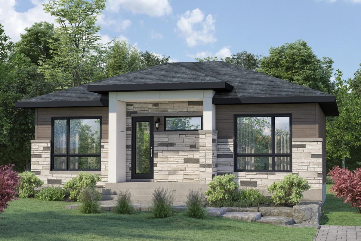 House plan exterior. Modern, one-story home with stone and wood siding. Features include a covered porch, flat roofline, and large windows.