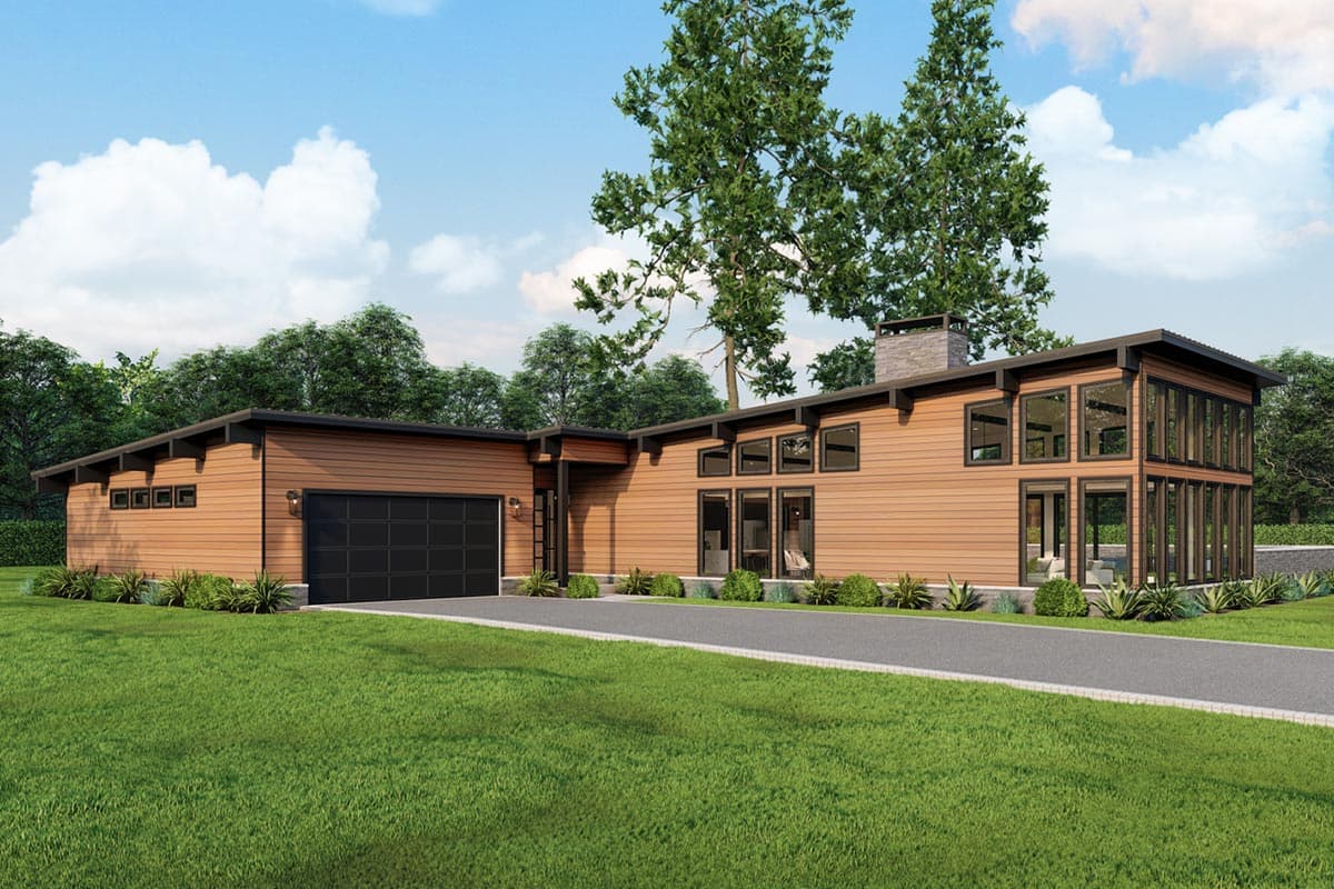 House plan exterior. Modern style, single-story home with flat roof. Features include large windows, wood siding, and attached garage with black door.