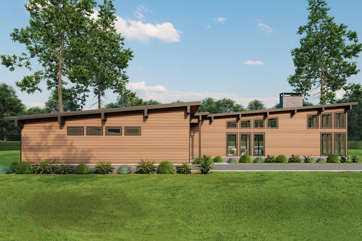 Modern single-story house plan exterior with angled rooflines, clerestory windows, and horizontal siding.