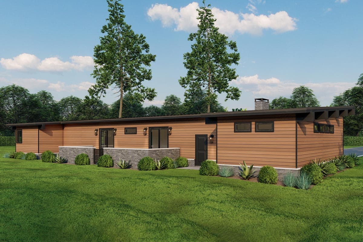 Modern ranch house plan exterior with wood siding, flat roof, stone base, and multiple glass doors.