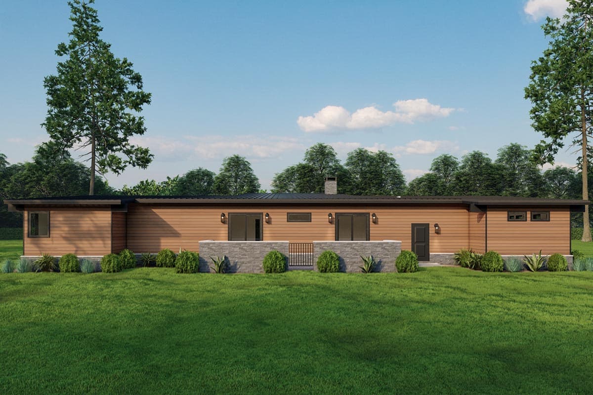 Modern ranch house plan exterior with wood siding, stone accents, flat roof, and dual sliding glass doors.