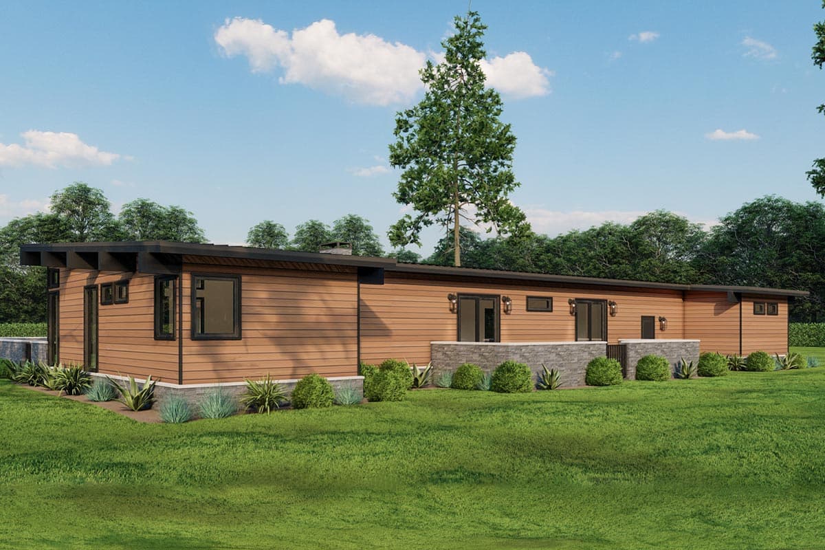 Modern single-story house plan exterior with wood siding, flat roof, large windows, and stone accents.