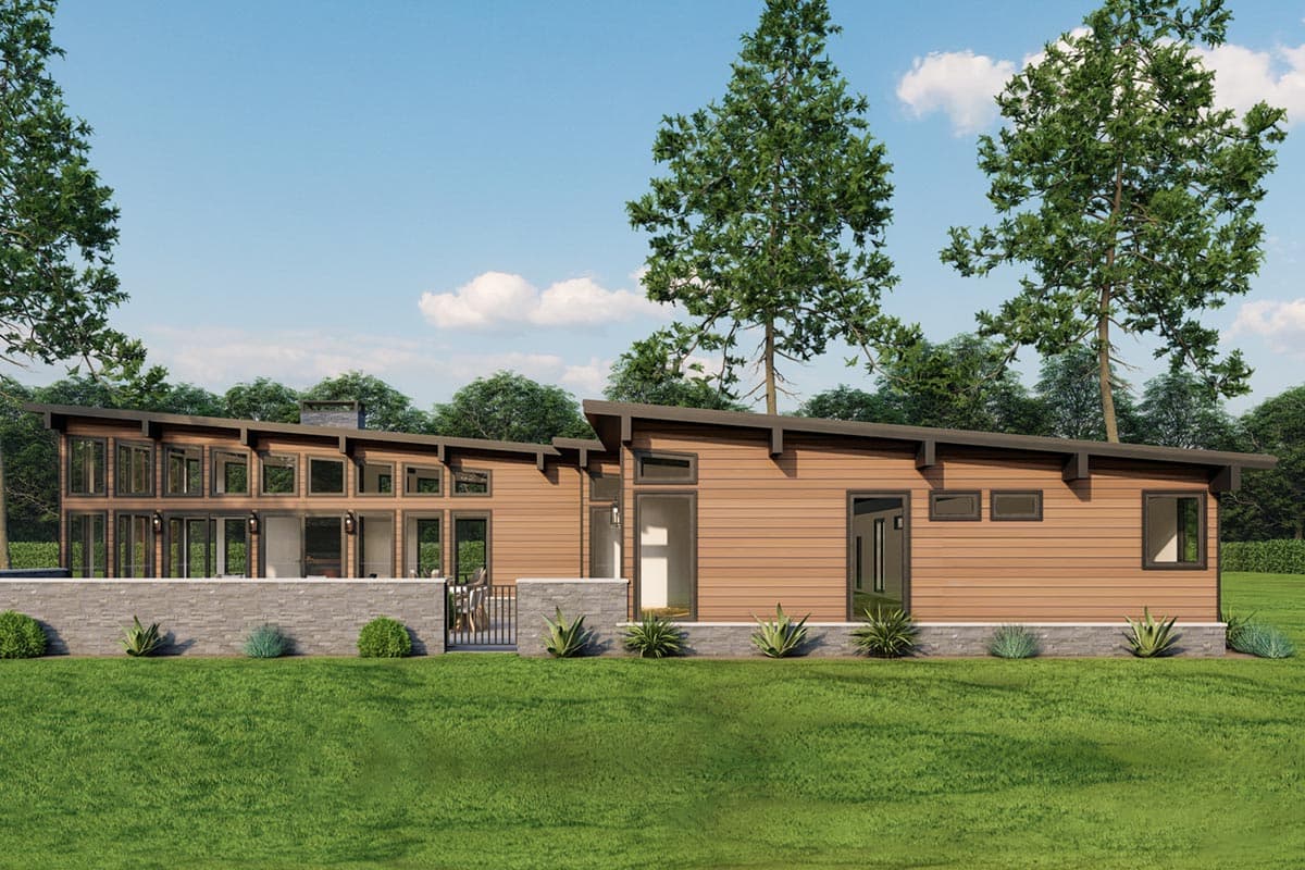 Modern house plan exterior: one story, hip roof, horizontal siding, and extensive floor-to-ceiling windows.