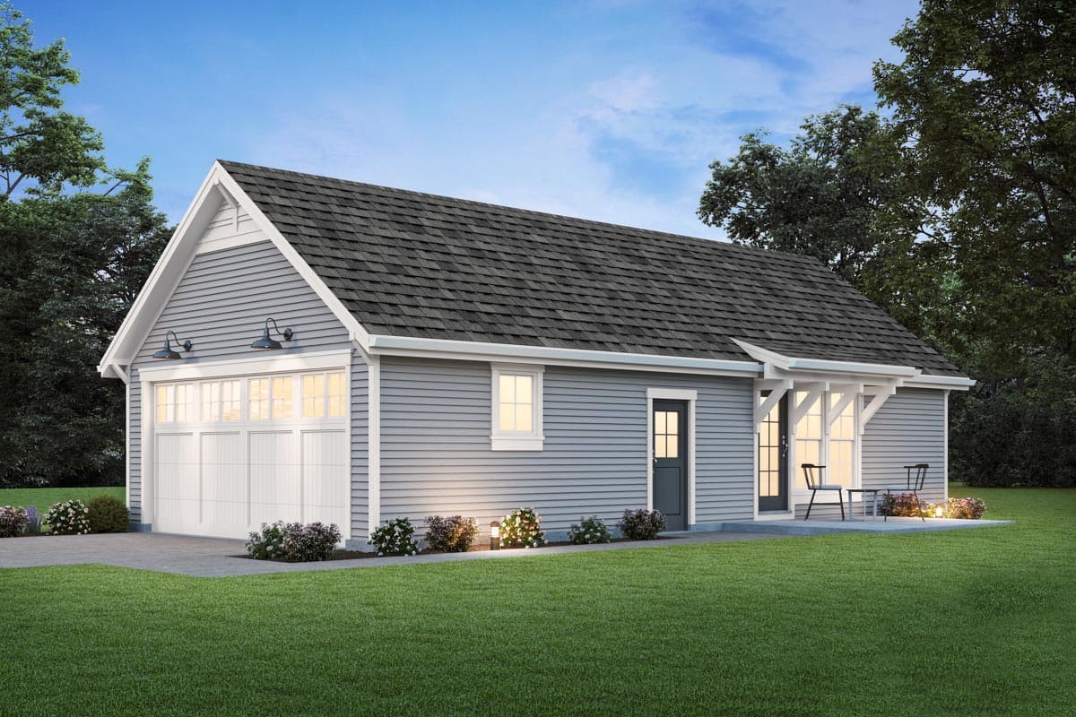 House plan exterior with gable roof, horizontal siding, and a small porch with a shed roof supported by brackets. Includes a garage.