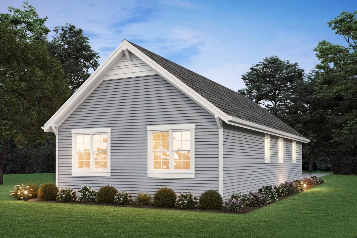 House plan exterior: single-story Modern Farmhouse with horizontal siding, gable end, and white-trimmed windows.