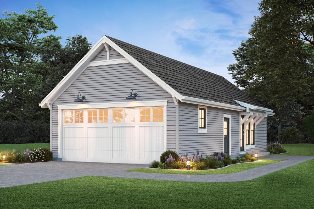House plan exterior: Modern Farmhouse style, one story, featuring a two-car garage, gable dormer, and covered entryway.