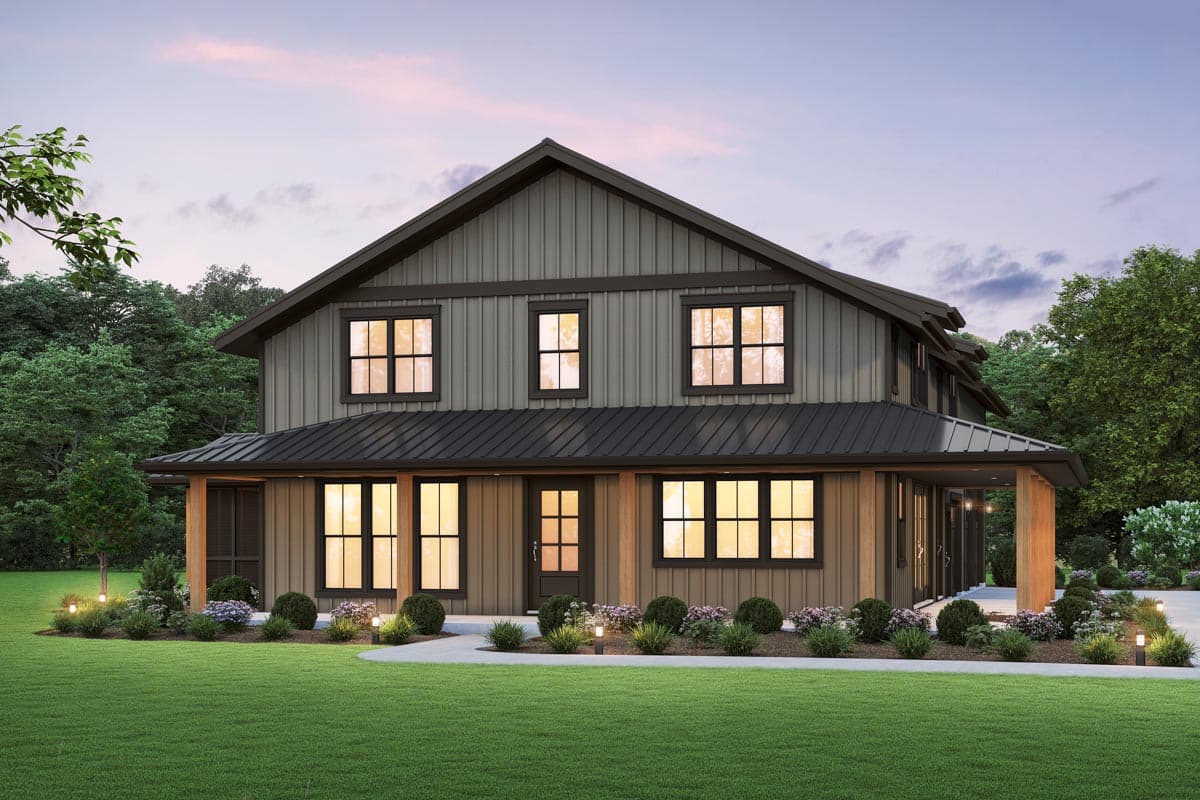 Modern farmhouse style house plan exterior, two stories, metal roof porch, vertical siding, and multiple windows.