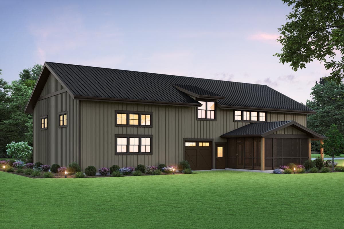 House plan exterior of two-story modern farmhouse with vertical siding, metal roof, attached garage, and screened porch.