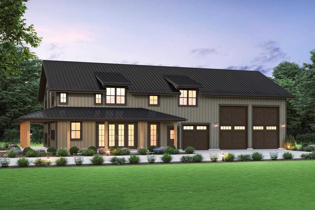 House plan exterior with board and batten siding, metal roof, covered porch, and three-car garage with dormers.