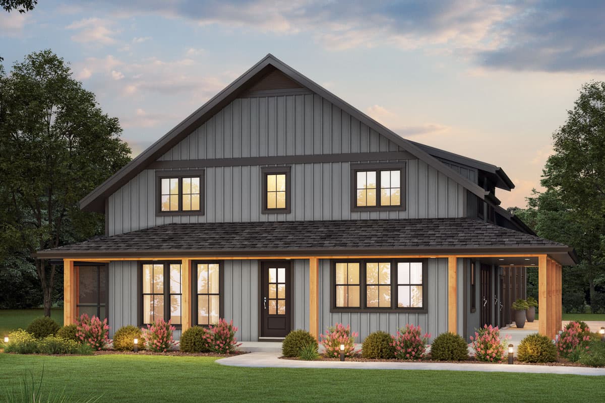 Modern farmhouse house plan exterior with a gambrel roofline, board and batten siding, and a covered front porch supported by wooden posts.