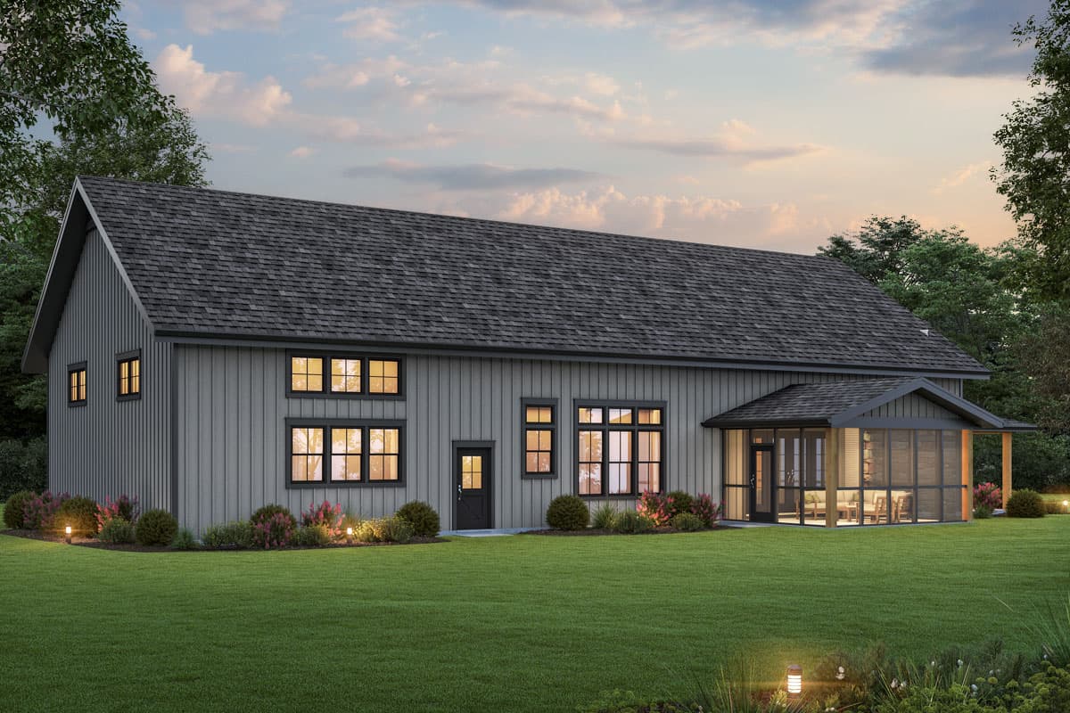 House plan exterior: Two-story Modern Farmhouse with gable roof, vertical siding, and screened porch.