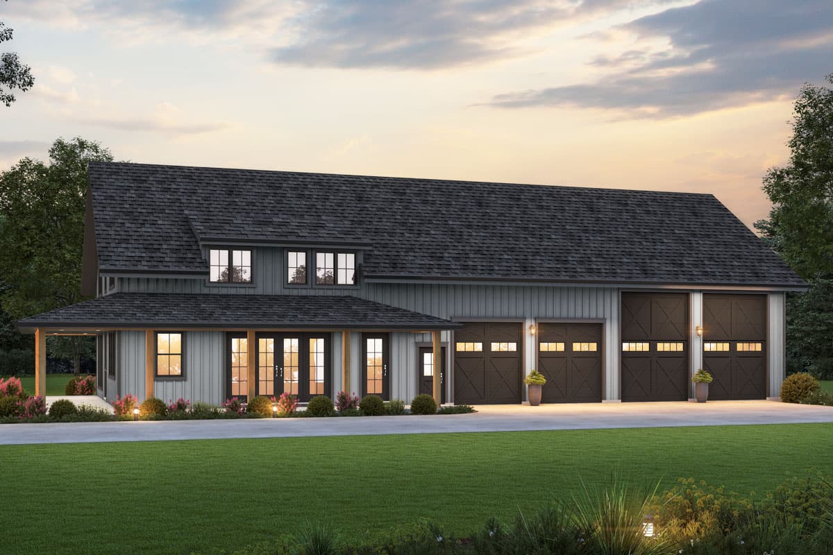 House plan exterior. Two-story Modern Farmhouse with a covered porch, multiple gables, and a three-car garage with overhead doors.