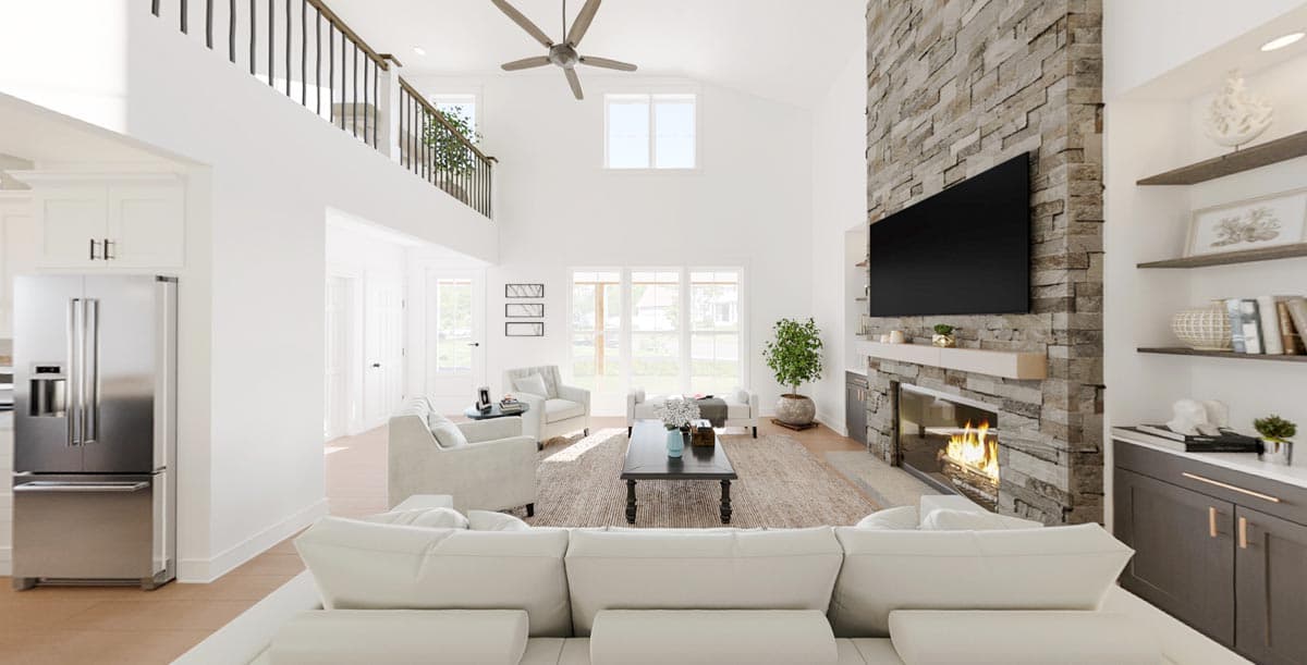 Interior rendering: Great room with vaulted ceiling, stone fireplace, television, second-story balcony, and open layout.