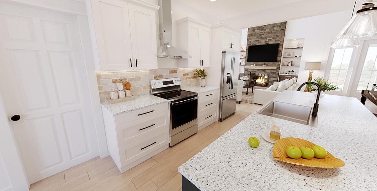 Kitchen rendering with white cabinets, stainless steel appliances, granite countertops, and open view to living room with stone fireplace.