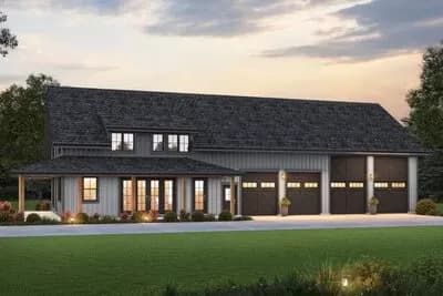 Master-On-Main Barndominium-Style House Plan Under 2600 Sq Ft with 2 RV Bays