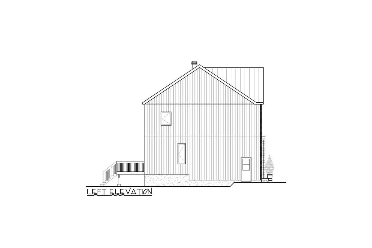 Left elevation drawing of a two-story house with vertical siding, pitched roof, a deck with stairs, and a rear door.