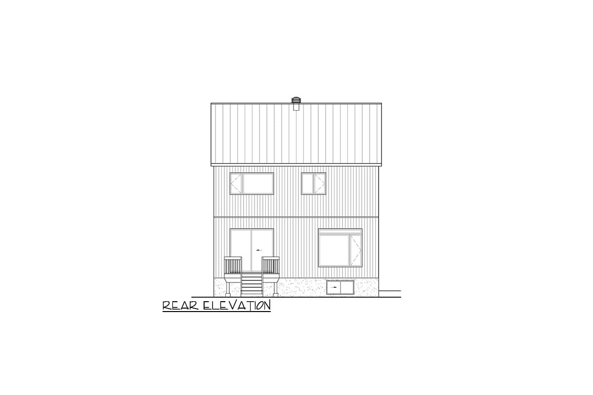 Rear elevation drawing of a two-story house plan with vertical siding, a metal roof, a back porch, and multiple windows.