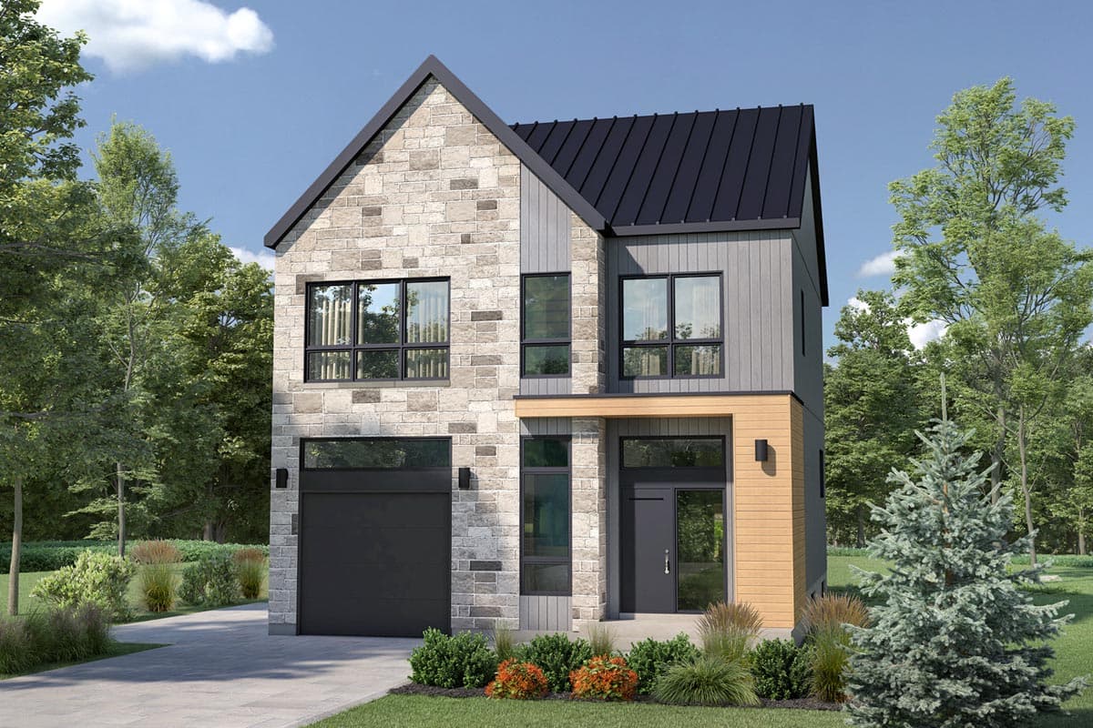 House plan exterior. Two-story modern house with stone and wood siding. Features include a gabled roof, a dark garage door, and large windows.