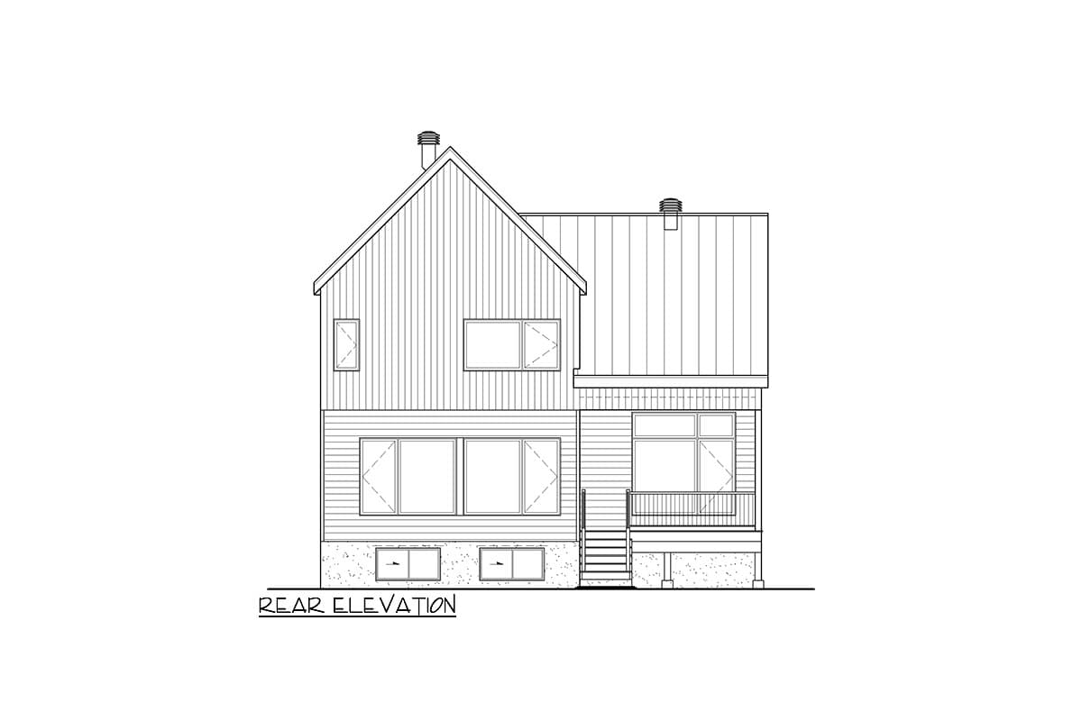 Rear elevation drawing of a two-story house with a gabled roof, vertical siding, a small porch, and basement windows.