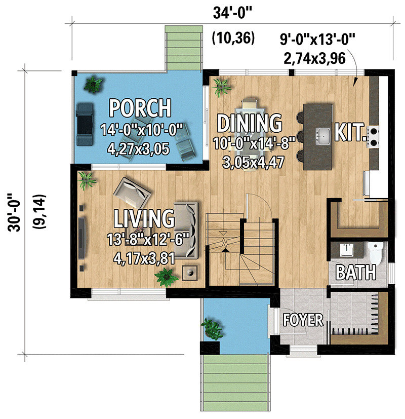 Plan 801146PM: Narrow Modern Two Story House Plan Under 1400 Square Feet - Floor Plan - Main Level - Contemporary, European, Modern, Transitional