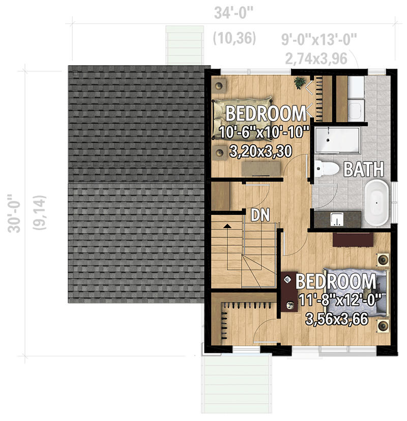 Plan 801146PM: Narrow Modern Two Story House Plan Under 1400 Square Feet - Floor Plan - 2nd Floor - Contemporary, European, Modern, Transitional