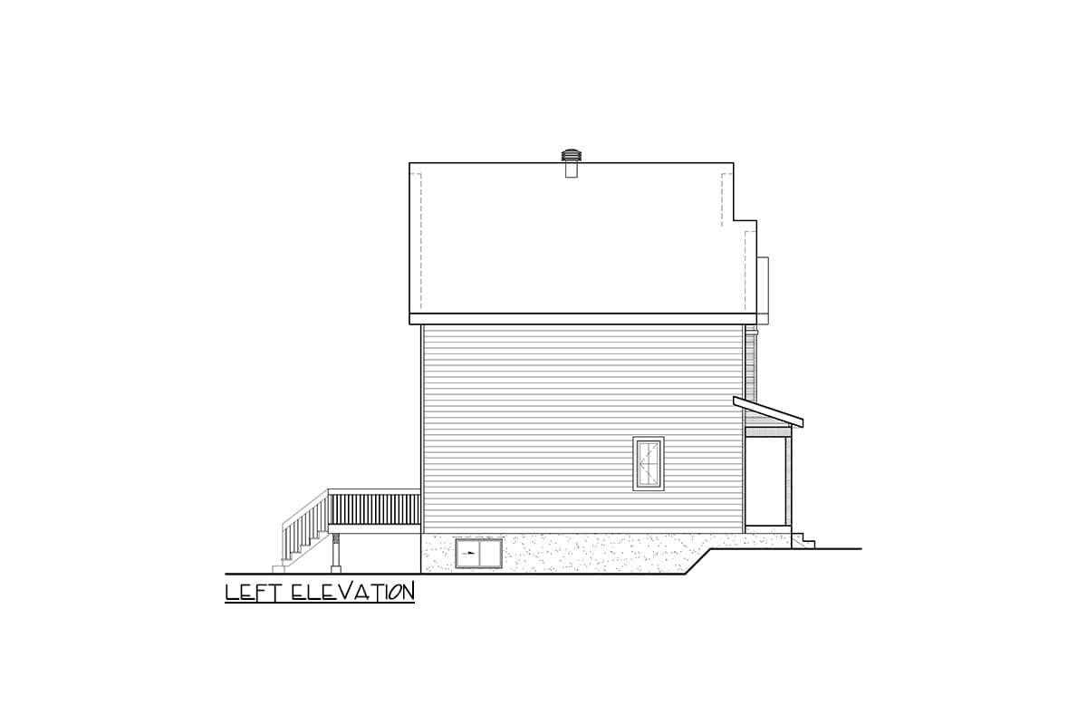 Left elevation house plan drawing showing a two-story structure with horizontal siding, a gabled roof, porch, and deck.