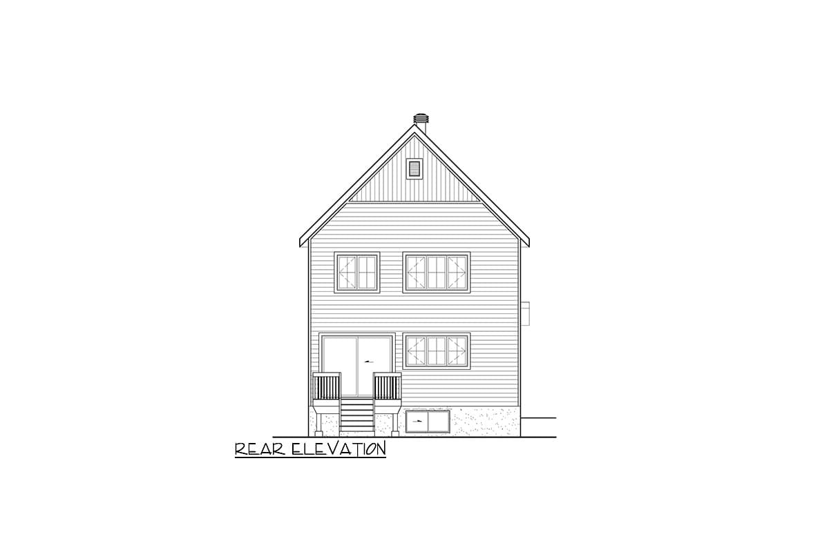 Rear elevation drawing of a two-story house with horizontal siding, a gable roof, chimney, and a small deck.