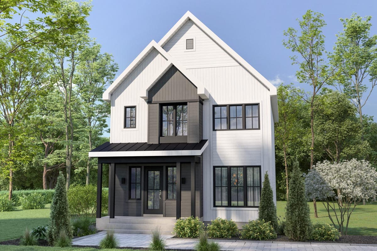 House plan exterior. Two-story Modern Farmhouse with a gabled roof, a covered porch, and a contrasting gray accent. Board and batten siding.