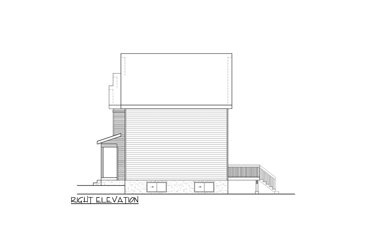Right elevation of a two-story house plan featuring horizontal siding, a front-facing angled roof entry, and a rear deck.