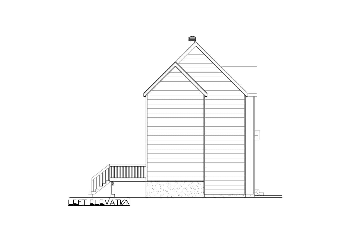 Left elevation house plan with siding, pitched roof, gabled dormer, and deck with railings.