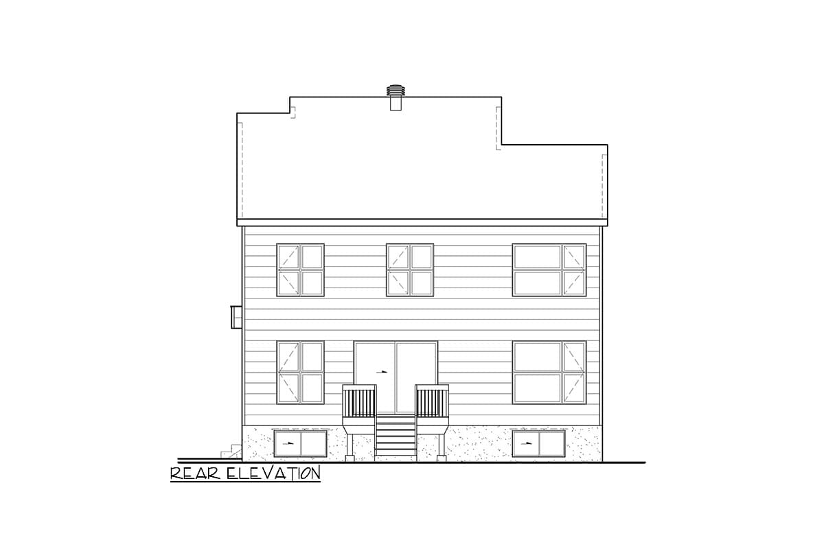 Rear elevation drawing of a two-story house with horizontal siding, multiple windows, sliding doors, and a raised deck.