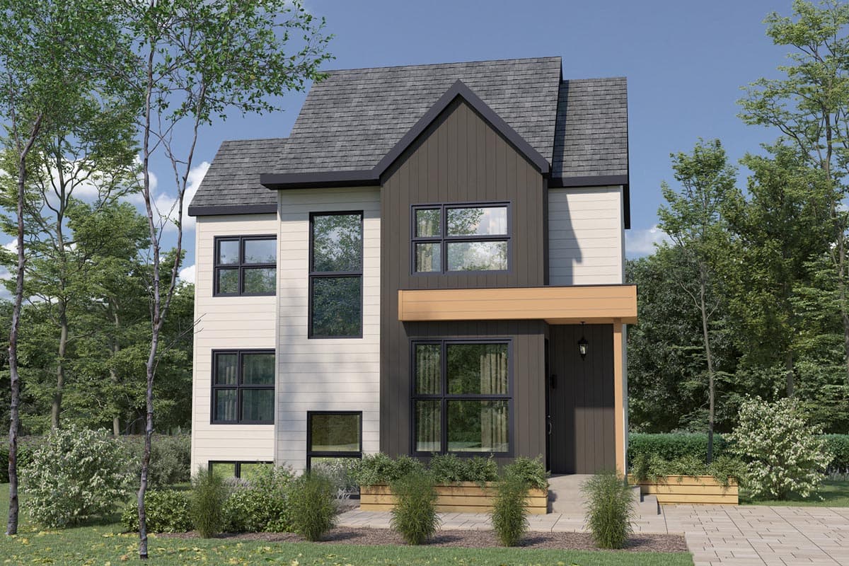 House plan exterior. Two-story Modern house with board and batten siding, gabled roof, and covered entry porch.