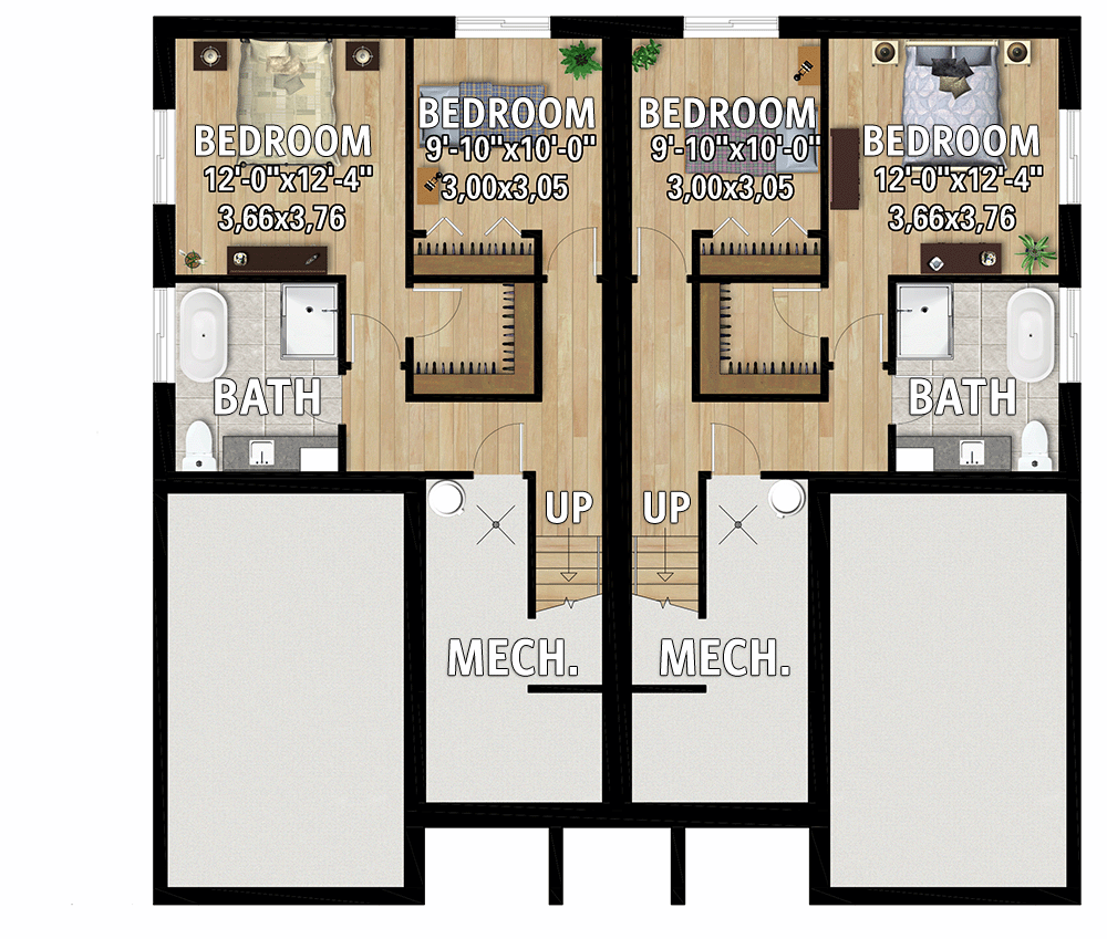 Plan 801149PM: 3 Bed Duplex with 1566 Square Foot Units - Floor Plan - Lower Level - New American, Ranch