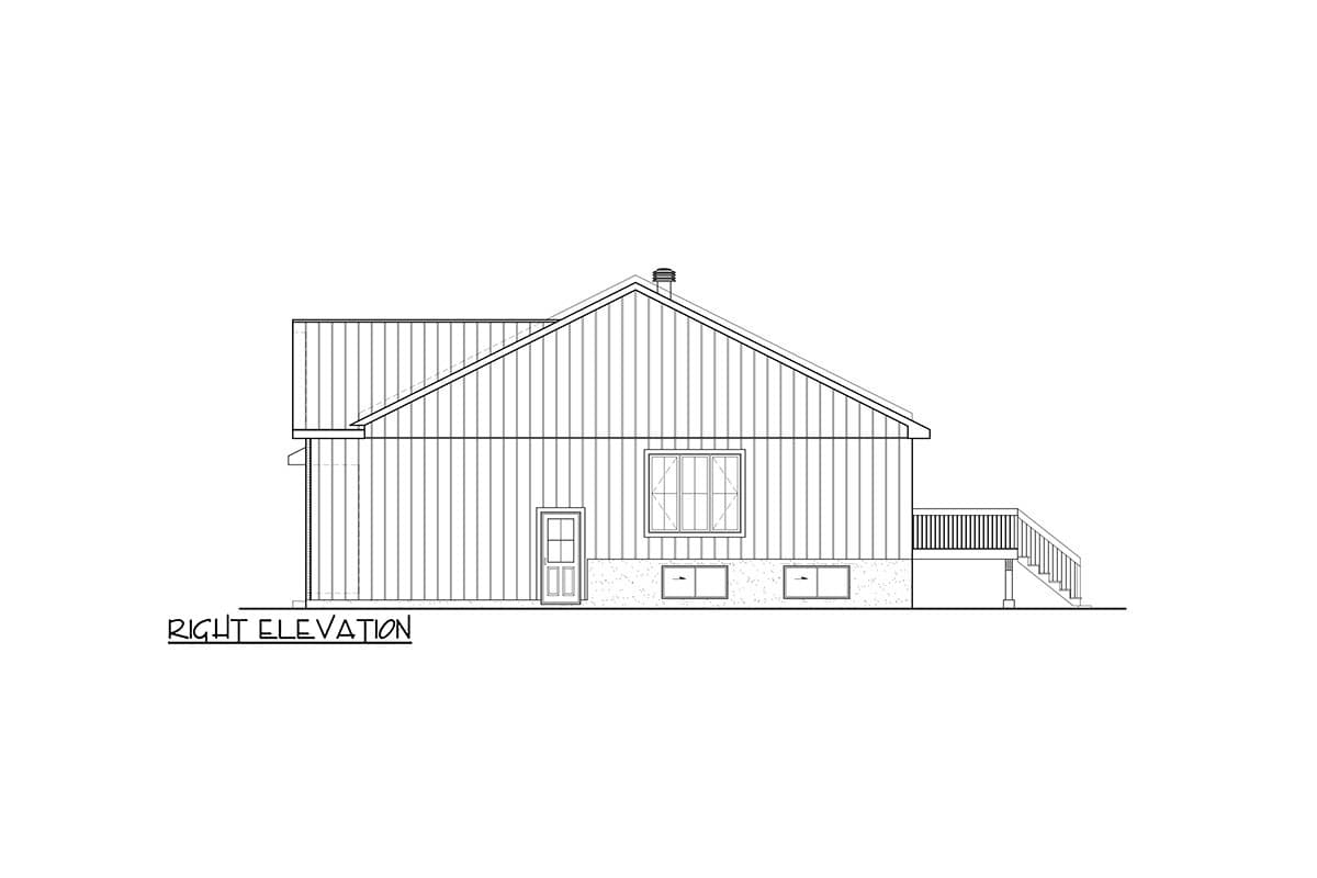 Right elevation house plan showing vertical siding, a prominent gable roof, door, windows, and a deck with stairs.