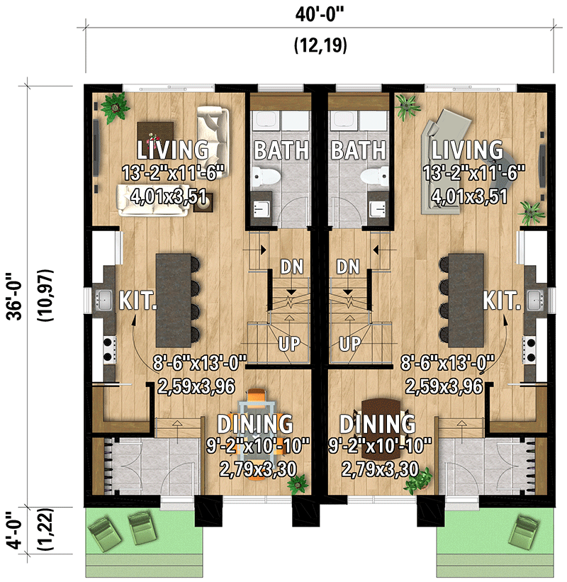 Plan 801150PM: Modern Euro-Style Duplex House Plan with Identical 1,432 Sq Ft 3-Bed Units - Floor Plan - Main Level - Contemporary, European, Modern, Scandinavian