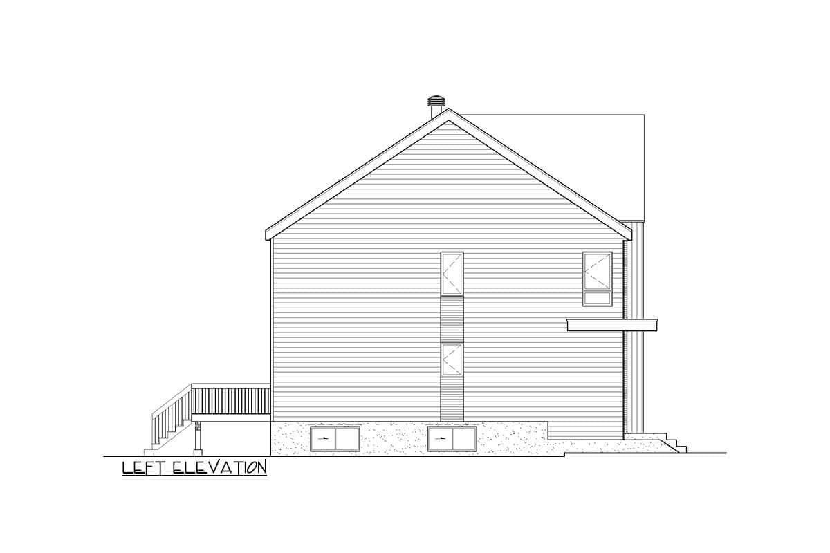 Left elevation drawing of a house plan showing siding, gabled roof, deck, and foundation vents.