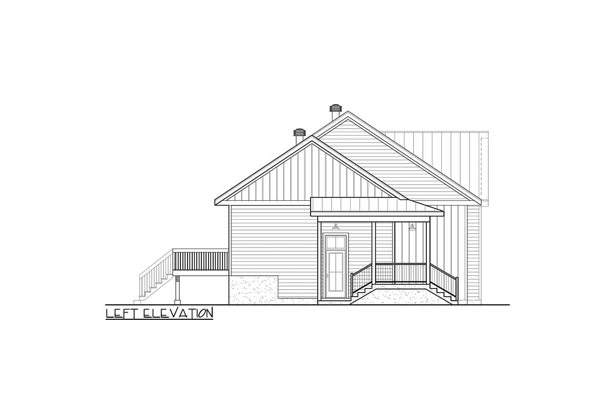 Left elevation drawing of house plan shows siding, gable roof, porch with stairs, and deck.
