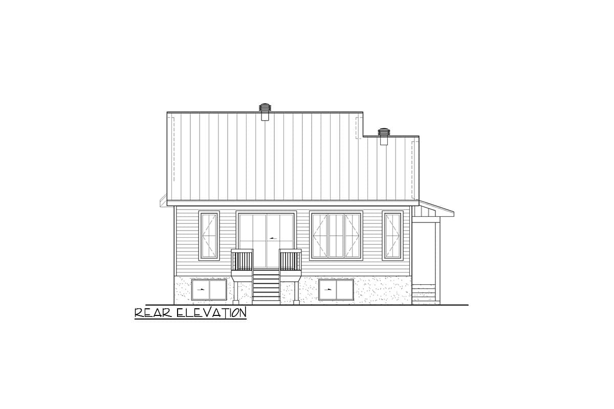 Rear elevation drawing of a house with a standing seam metal roof, multiple windows, and a small porch with stairs.