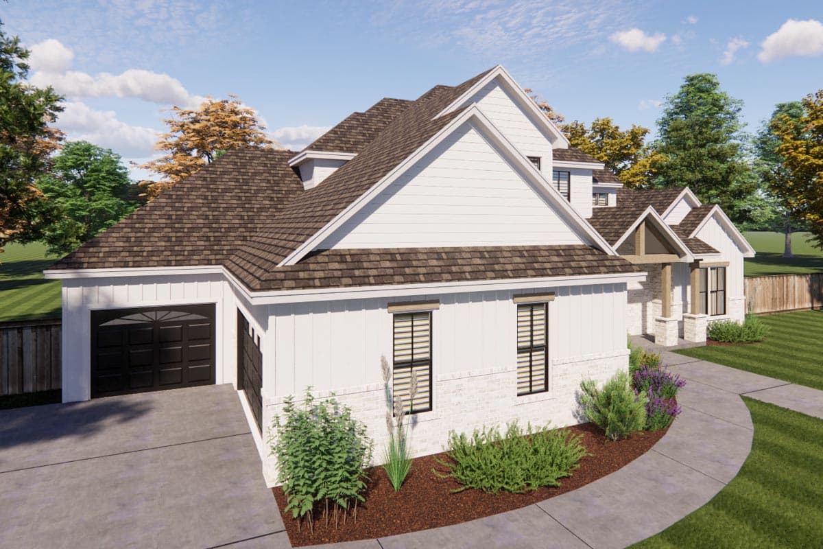 House plan exterior rendering. Modern Farmhouse style with white board and batten siding, brick base, gabled roof, dormers, and attached garage.