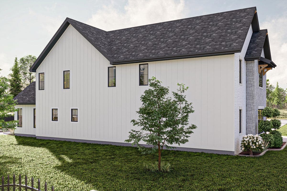 House plan exterior, modern farmhouse style, two stories, white vertical siding, stone facade, gabled roof.
