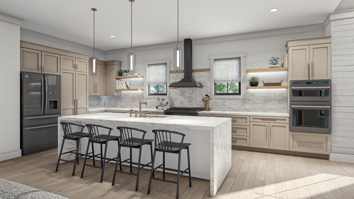 Modern kitchen with large island, dual ovens, stainless steel refrigerator, and marble backsplash.