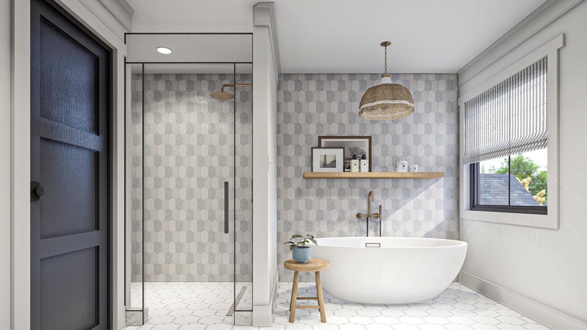 Modern bathroom with freestanding tub, glass-enclosed shower with rain showerhead, and patterned wall tile.