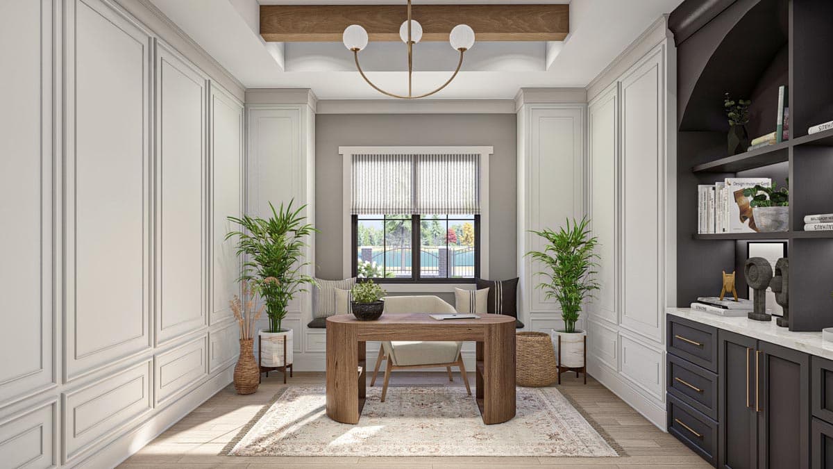 Home office rendering with paneled walls, a wood desk, built-in window seat, and modern shelving unit.