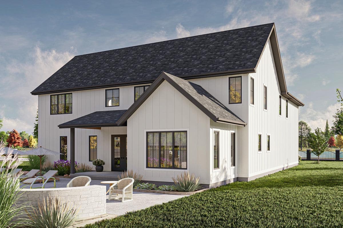 Modern Farmhouse house plan exterior, two stories, white board and batten siding, dark roof, and covered entry.